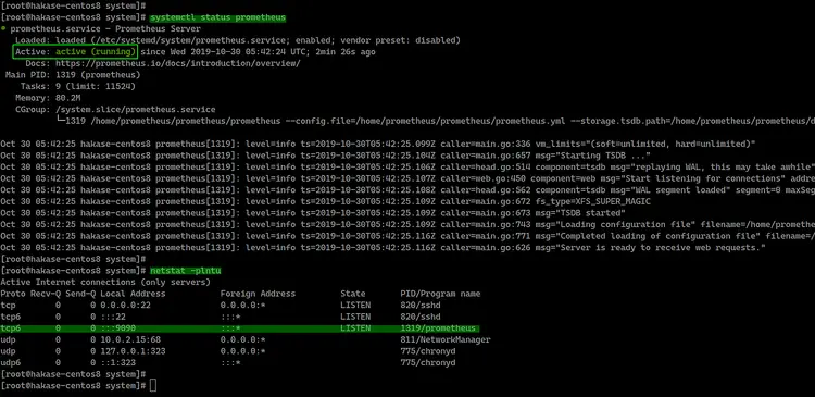 Проверка статуса сервиса Prometheus и сетевых портов