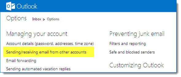 Секция управления учётной записью в Outlook.com