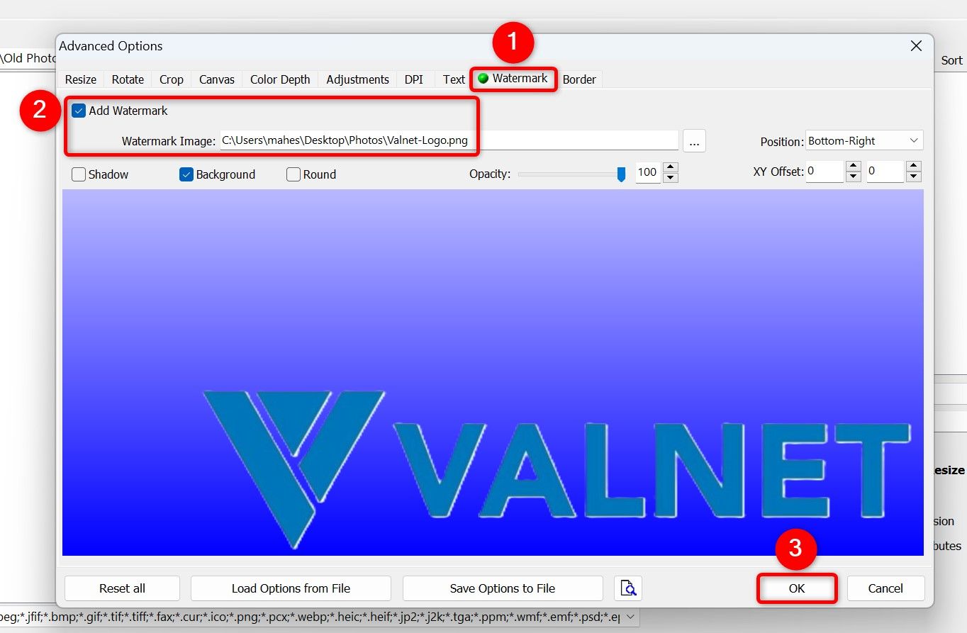 'Watermark,' 'Add Watermark,' and 'OK' highlighted on the 'Advanced Options' window.