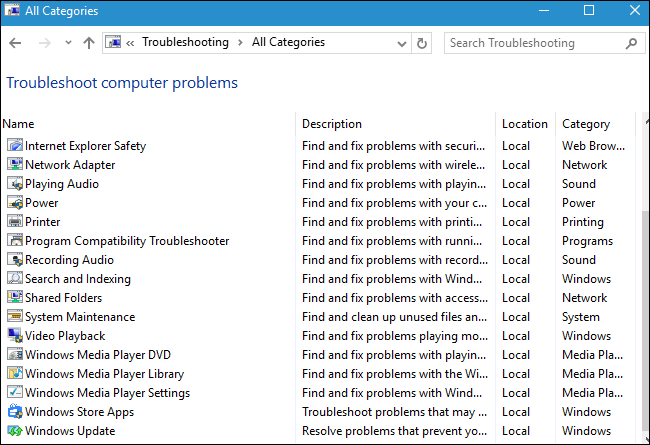 Запуск средства устранения неполадок из списка