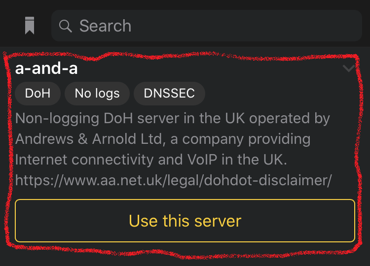 Выбор DNS-сервера a-and-a в DNSCloak