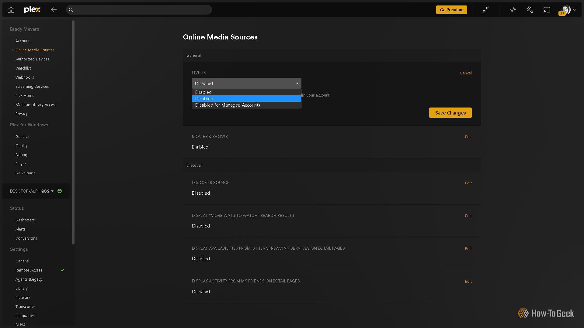 Отключение онлайн-источников в настройках Plex.