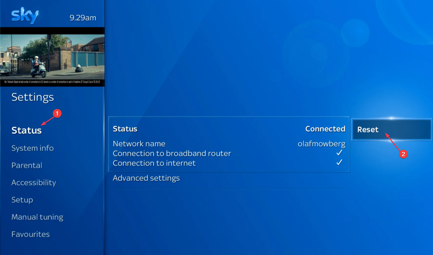 Экран сброса сети в меню Sky Q — интерфейс сетевых настроек