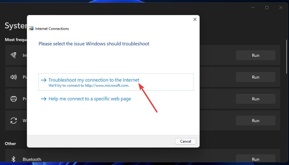 Опция устранения неполадок с подключением