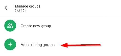 Опция Добавить существующие группы