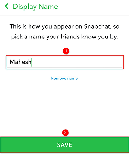 Пример нового отображаемого имени в настройках Snapchat