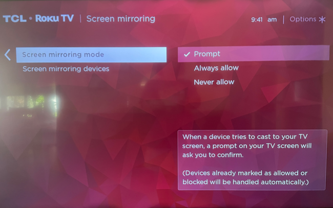 Параметры режима зеркалирования экрана на Roku