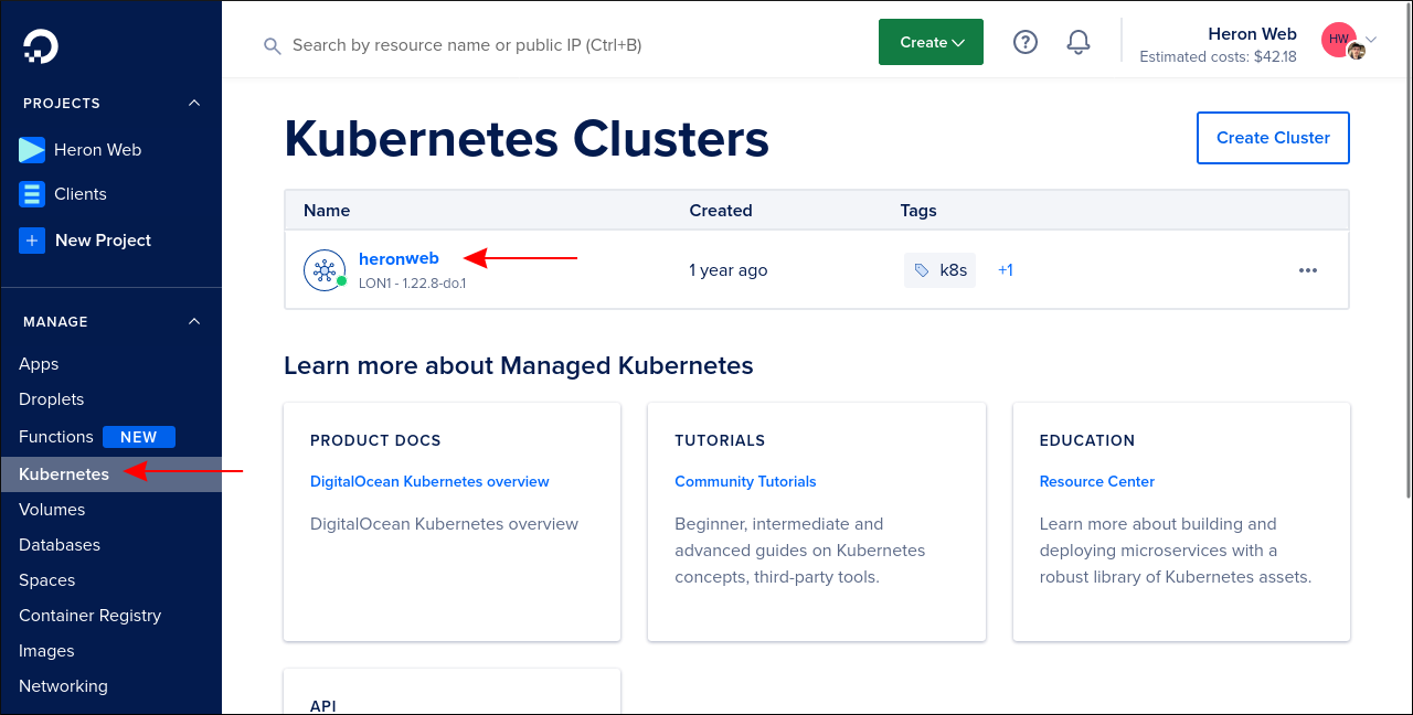 Скриншот страницы кластеров Kubernetes в панели управления DigitalOcean