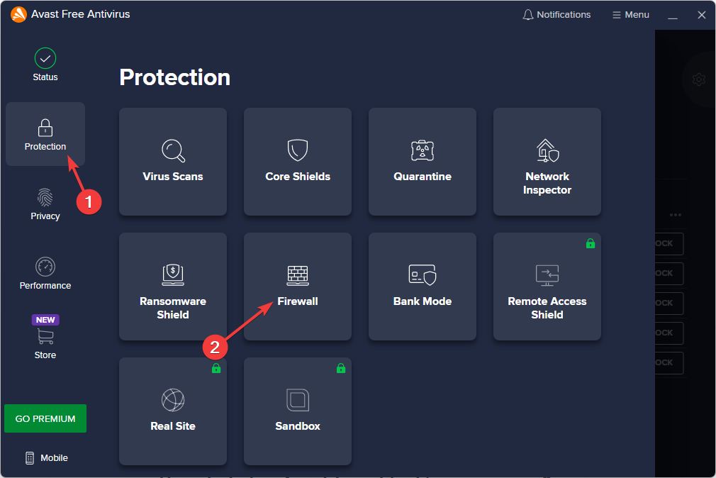 Окно брандмауэра Avast