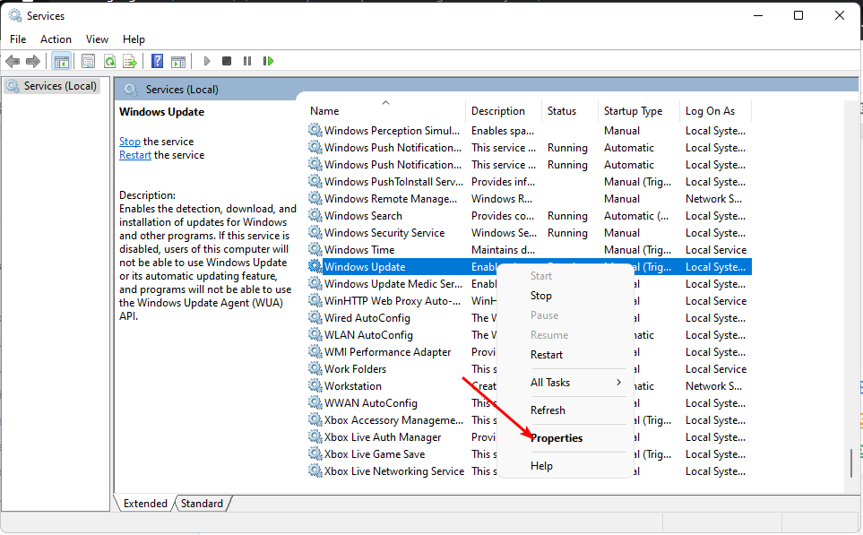 Служба Windows Update в списке служб