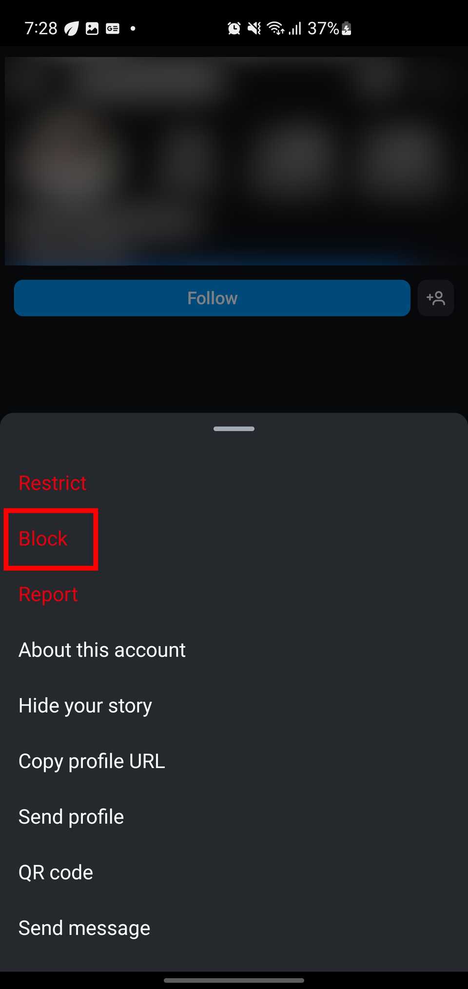 Опция блокировки для аккаунта Instagram.