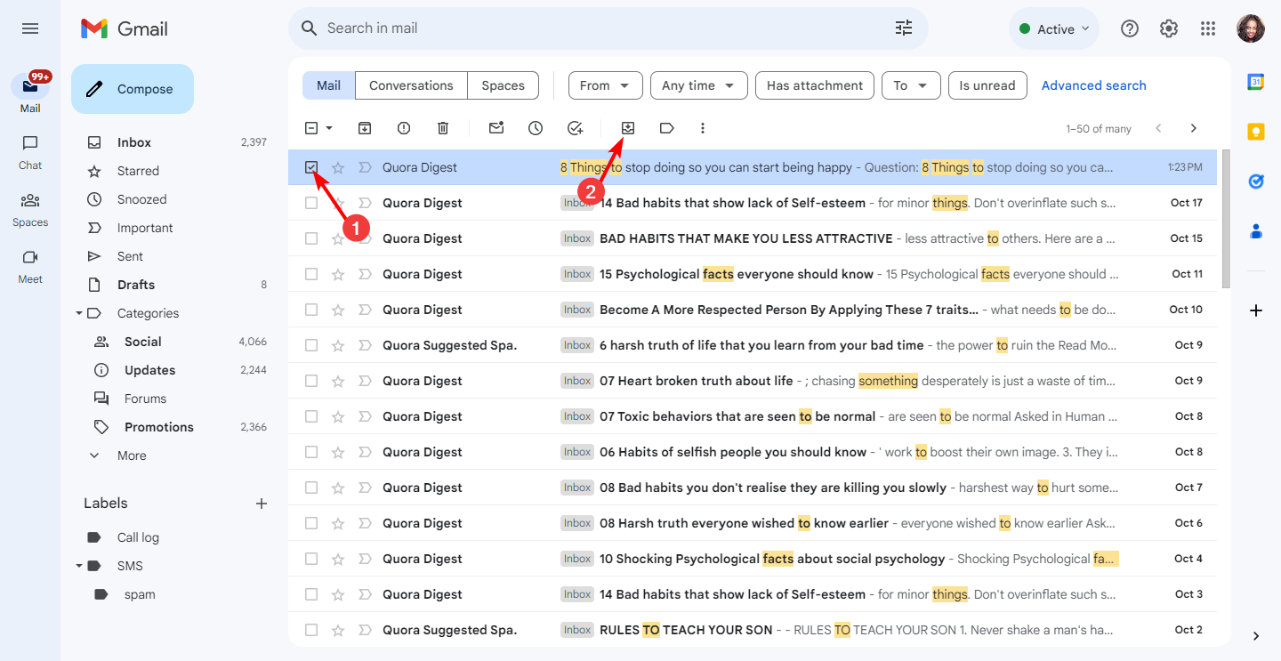 Кнопка «Переместить во входящие» в Gmail на вебе