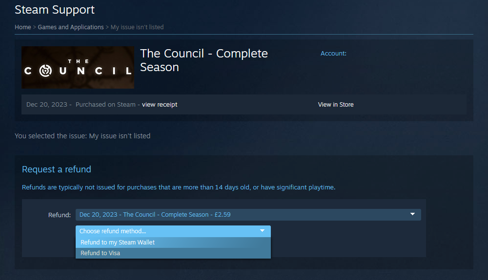 Выбор способа возврата в Steam