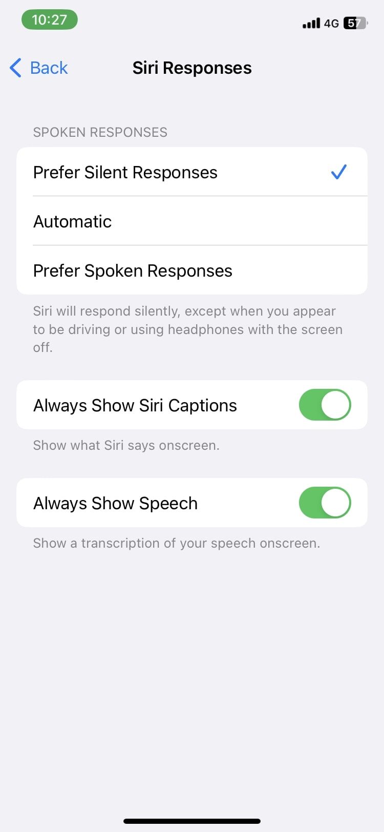Опция Предпочитать тихие ответы в ответах Siri