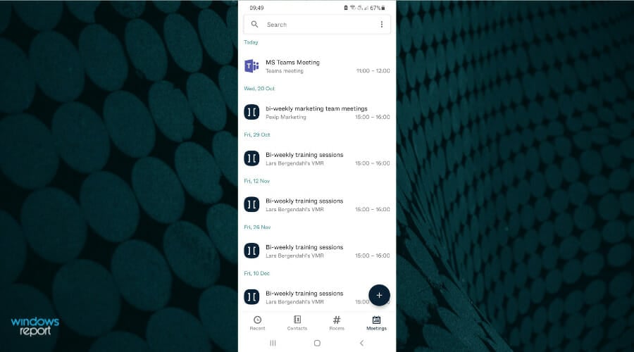 Вкладка Meetings в приложении Pexip
