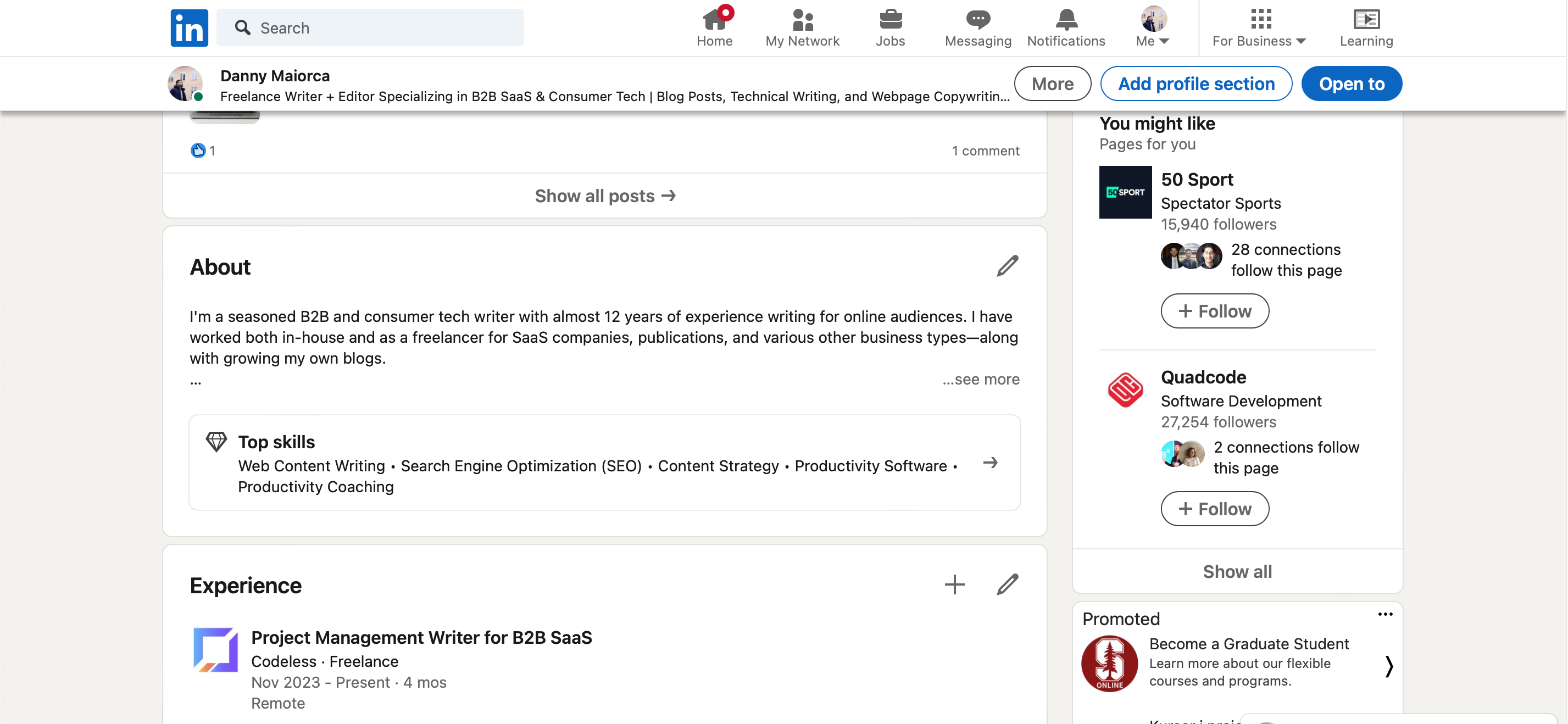 Выберите иконку карандаша в своём профиле LinkedIn