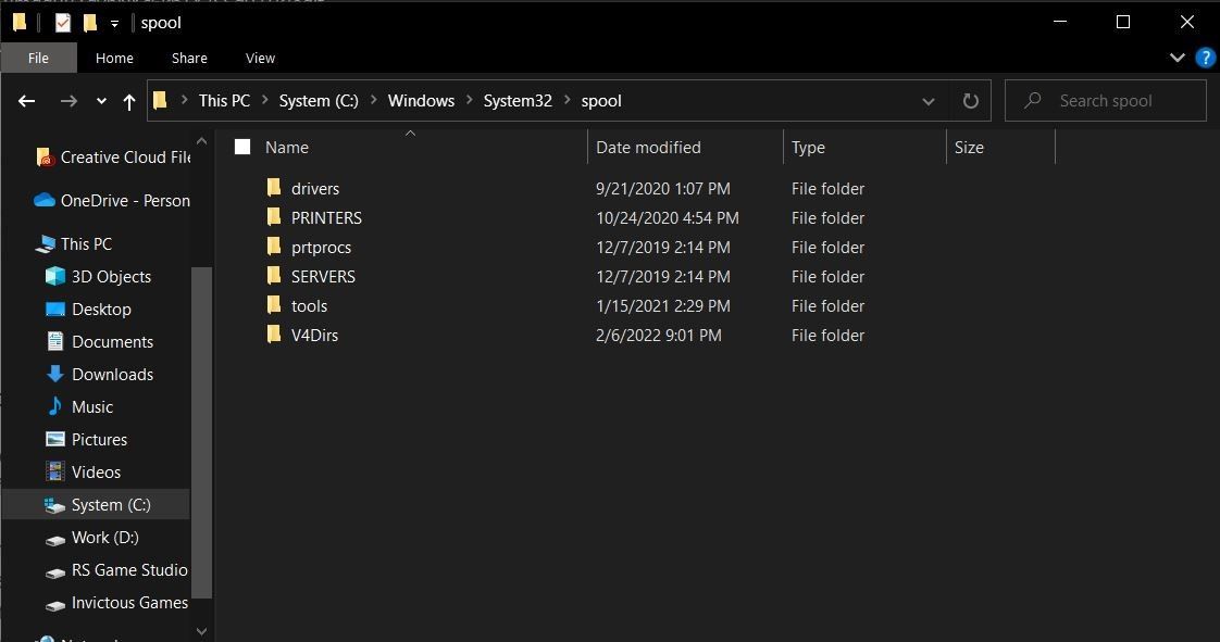 Содержимое папки очереди печати