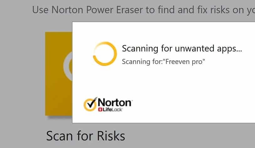 Процесс сканирования Norton Power Eraser на экране