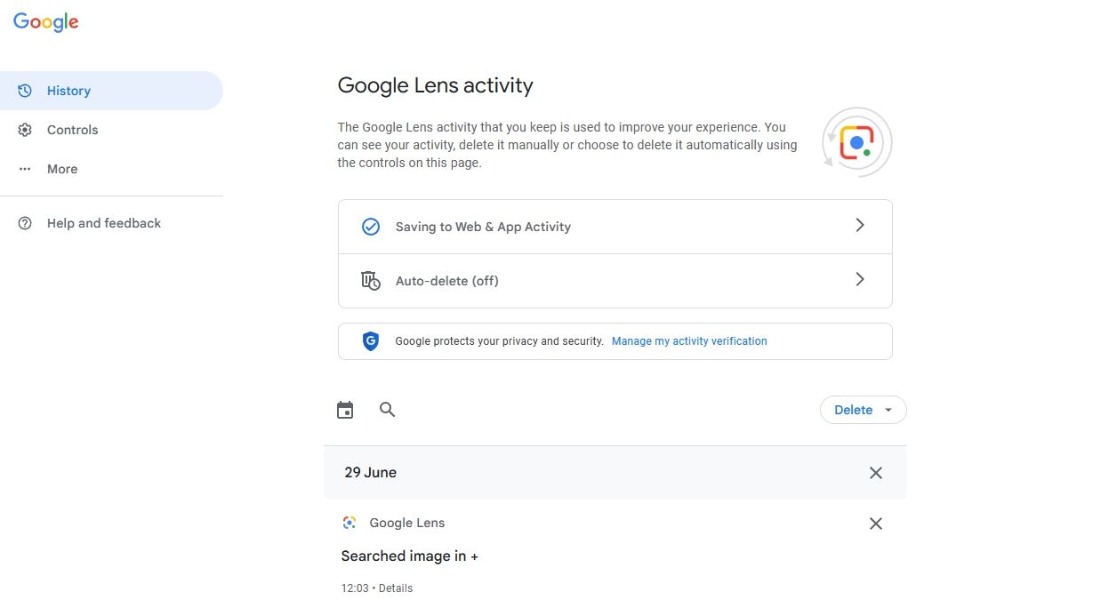 Значок крестика на странице Google Моя активность