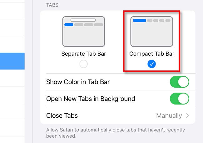 В Safari в настройках выберите раздел Вкладки и затем Compact Tab Bar