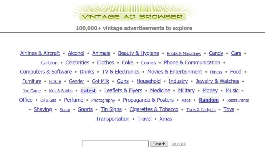 Главная страница Vintage Ad Browser с категориями и поиском