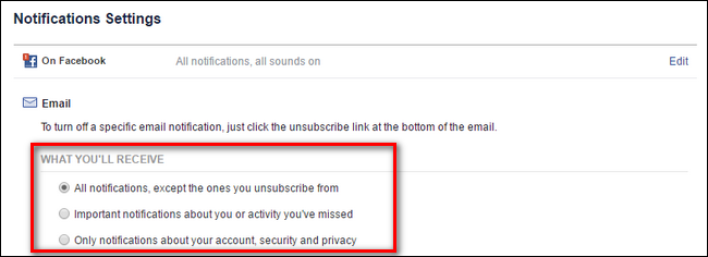 Параметры email-уведомлений в Facebook