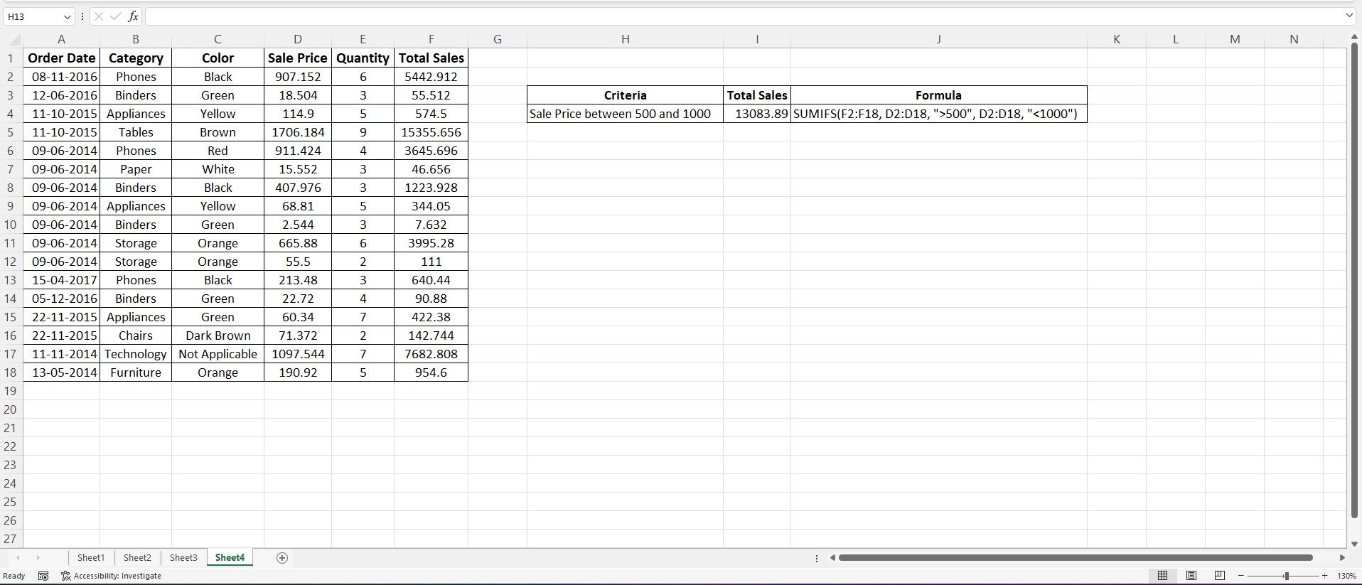 Таблица Excel с применением числовых критериев SUMIFS