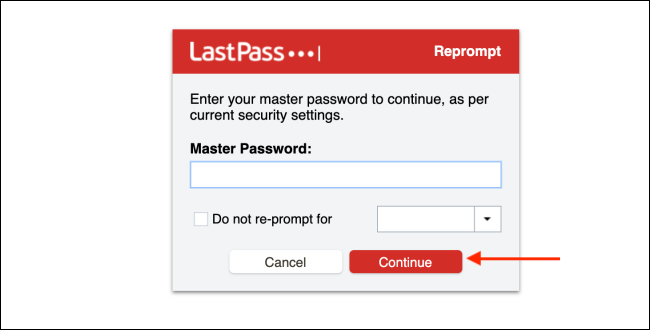 Введите мастер-пароль LastPass и нажмите Продолжить