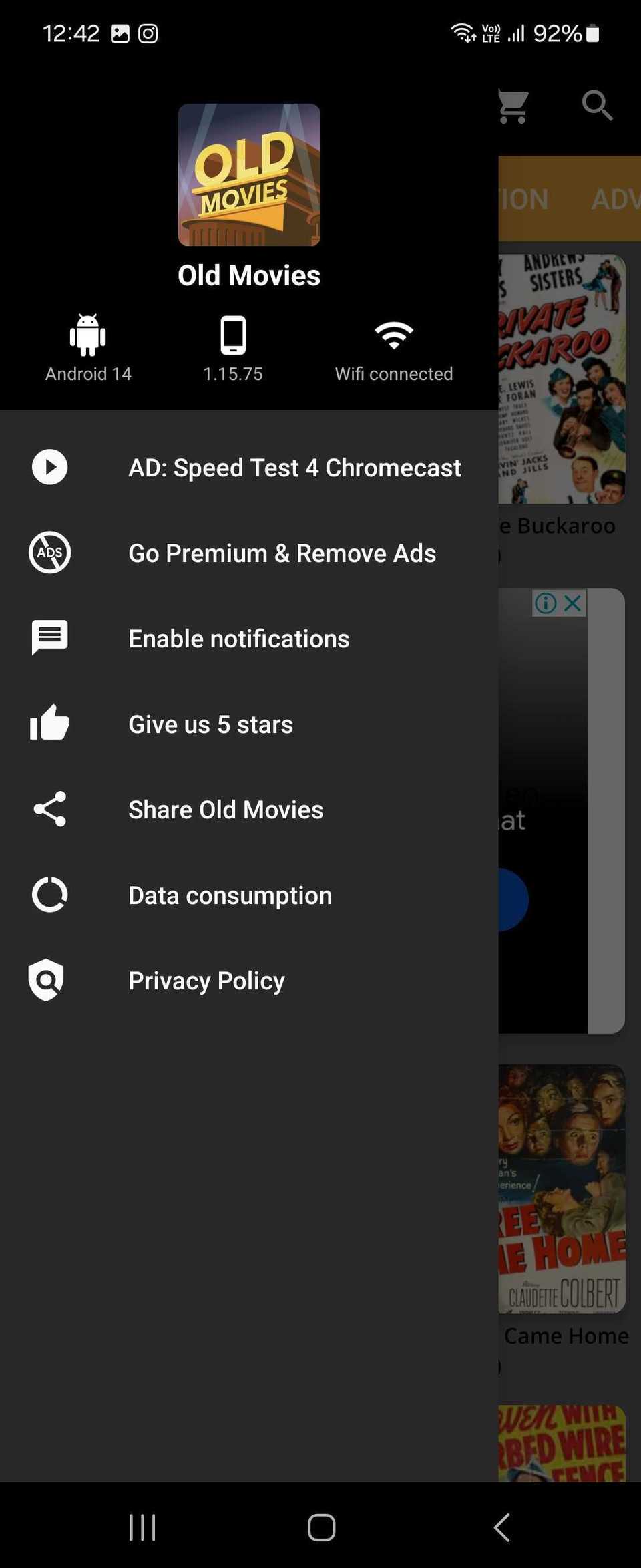 Скриншот боковой панели приложения Old Movies с опциями меню