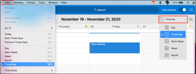 Выберите Трёхдневный вид в меню Вид