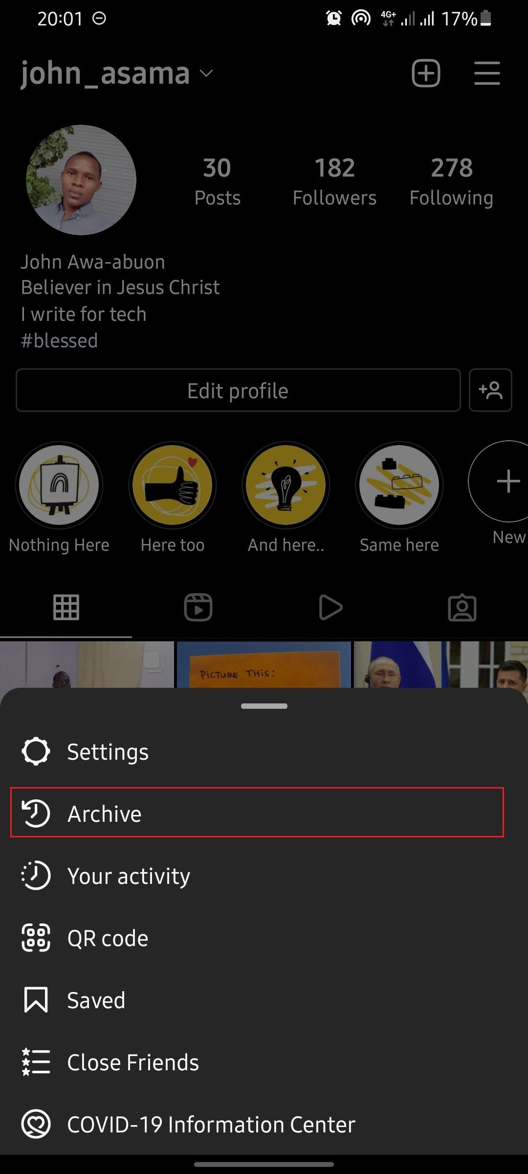 Скриншот: меню профиля в Instagram