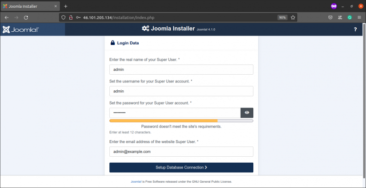 Экран настройки подключения к базе данных в установщике Joomla