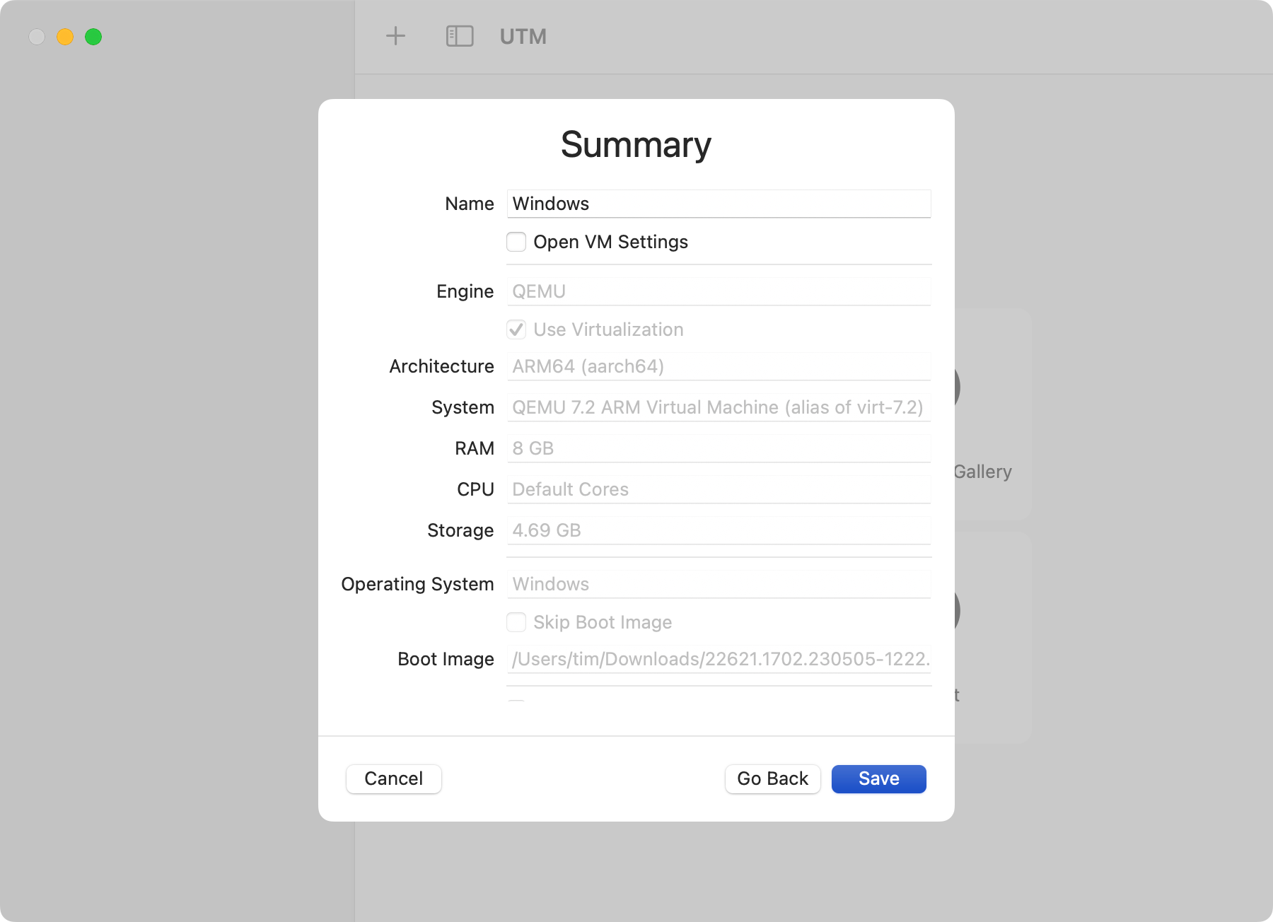 Проверьте параметры виртуальной машины и сохраните её в UTM.
