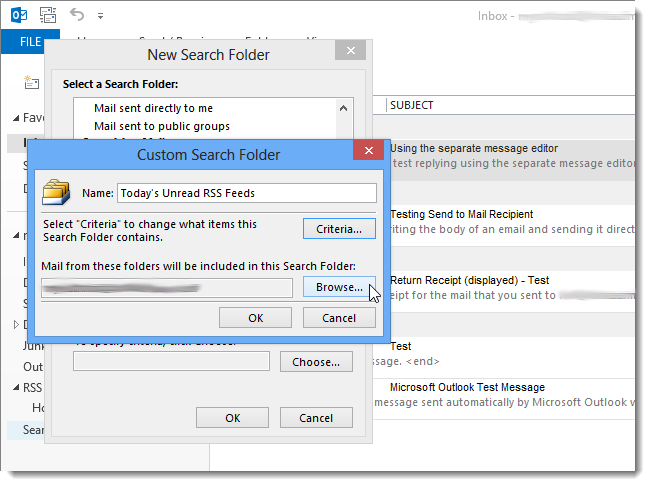 Выбор папки RSS Feeds для поиска