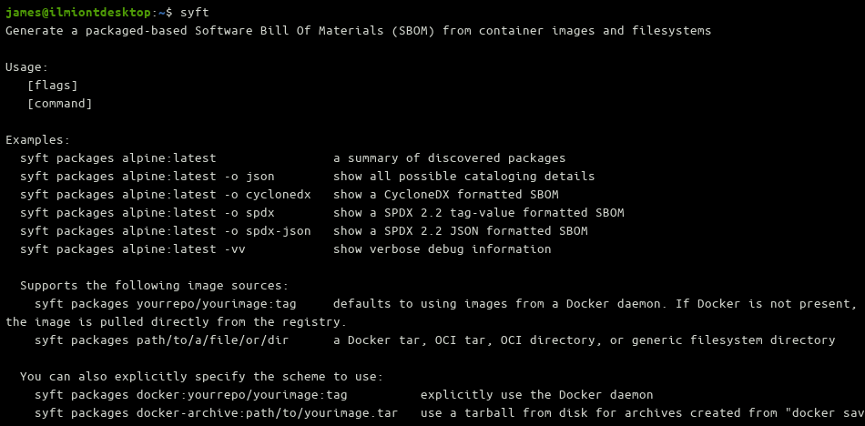 Скриншот интерфейса Syft: список команд и примеры