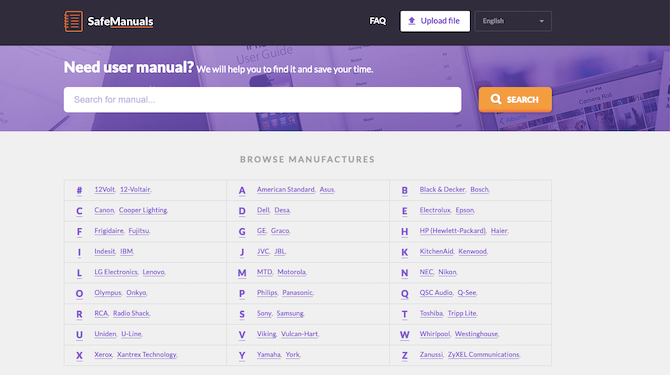 Страница поиска и результат на SafeManuals