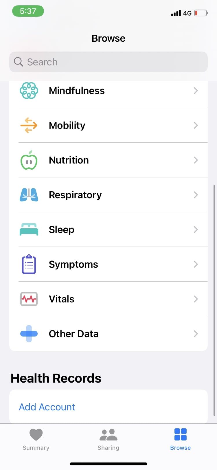 Просмотр списка симптомов в приложении Apple Health