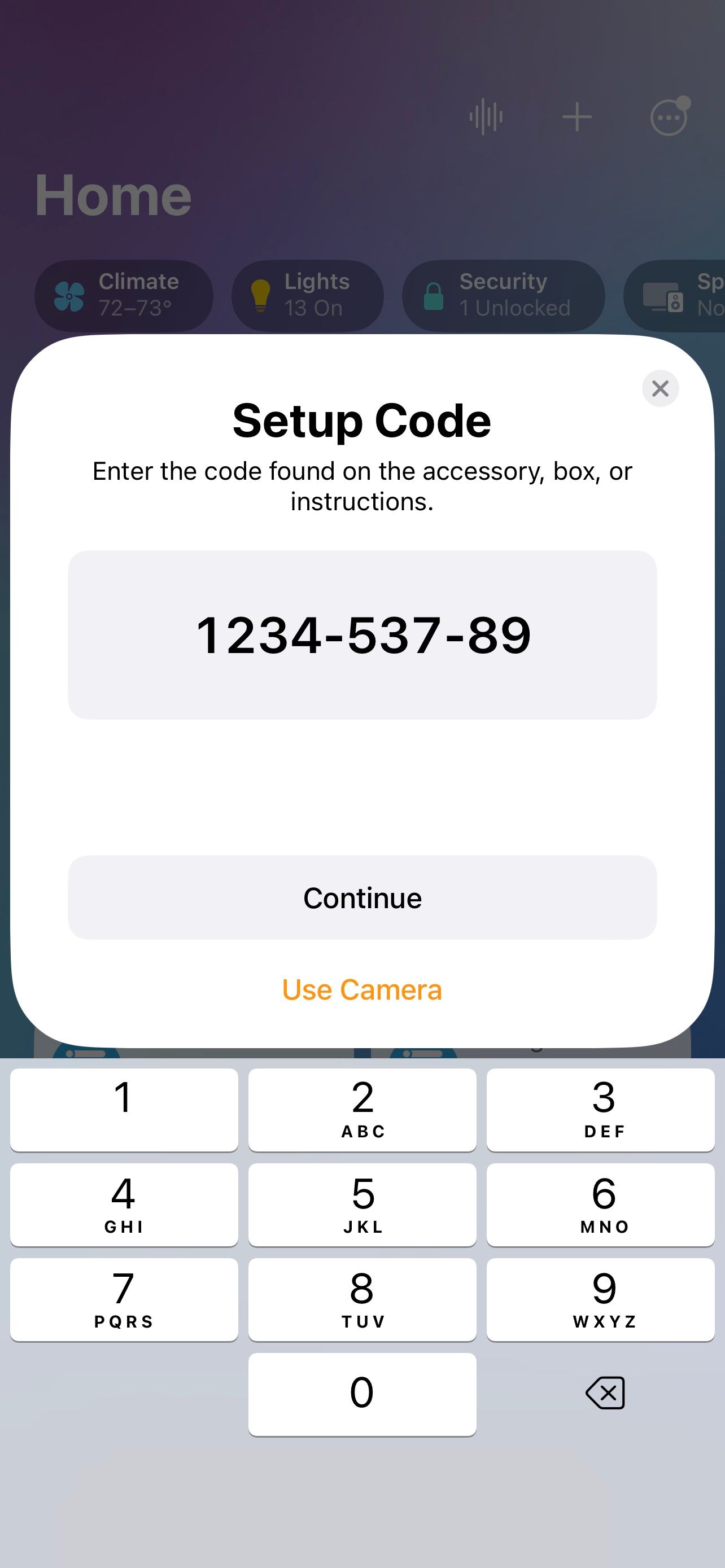 Ввод кода сопряжения в приложении Дом iOS