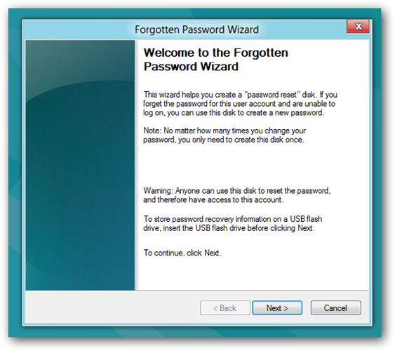 Мастер создания диска сброса пароля: вставьте USB и нажмите Далее