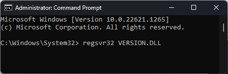 Перерегистрация файла version.dll в командной строке