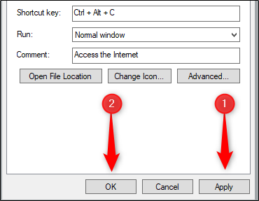 Кнопки Применить и ОК в окне Свойства ярлыка