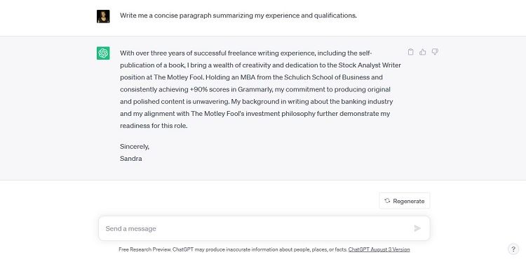 Скриншот сводки квалификаций, созданной ChatGPT