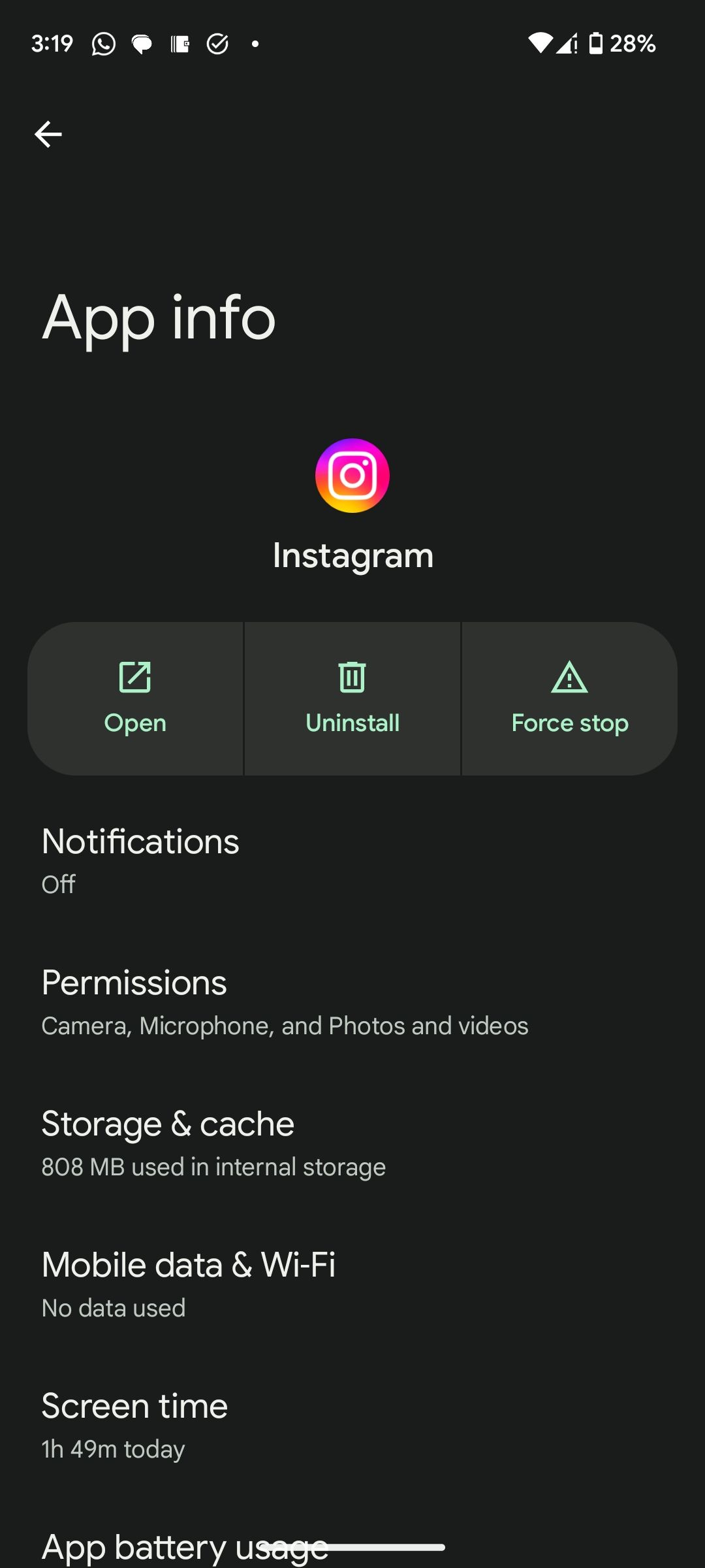 Страница информации о приложении в Android