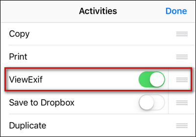 Опция ViewExif в панели действий фотографии