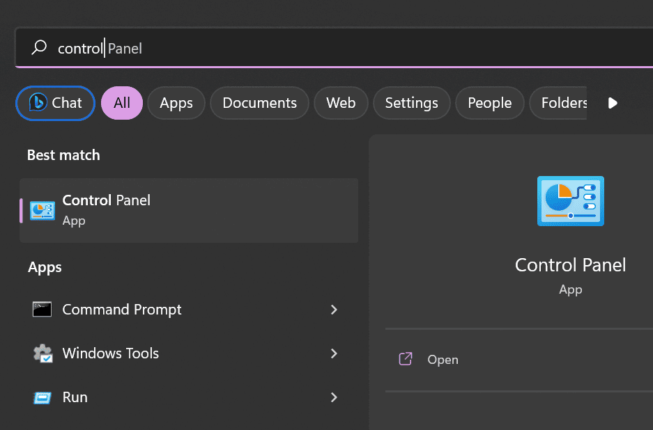 Поиск Панели управления через меню Пуск