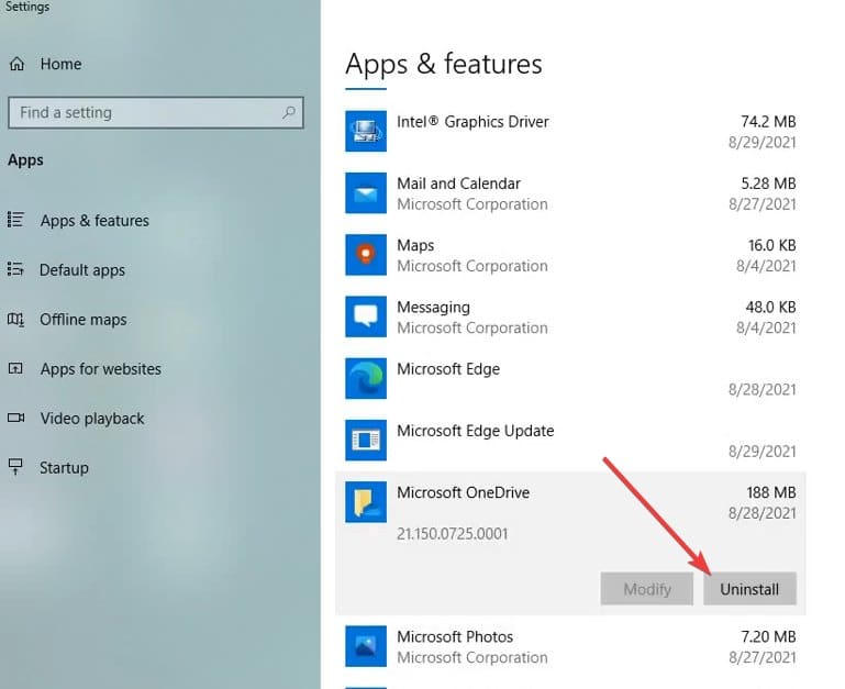 Удаление OneDrive через Параметры