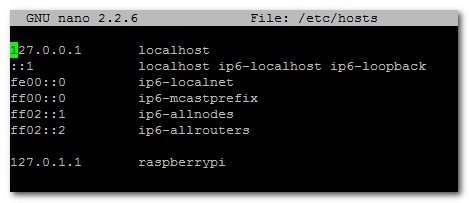 Фрагмент файла /etc/hosts с записью 127.0.1.1 raspberrypi