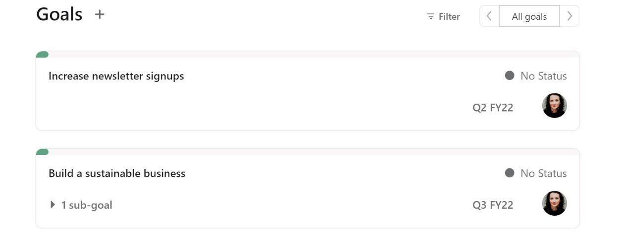 Панель Asana с примерами бизнес‑целей