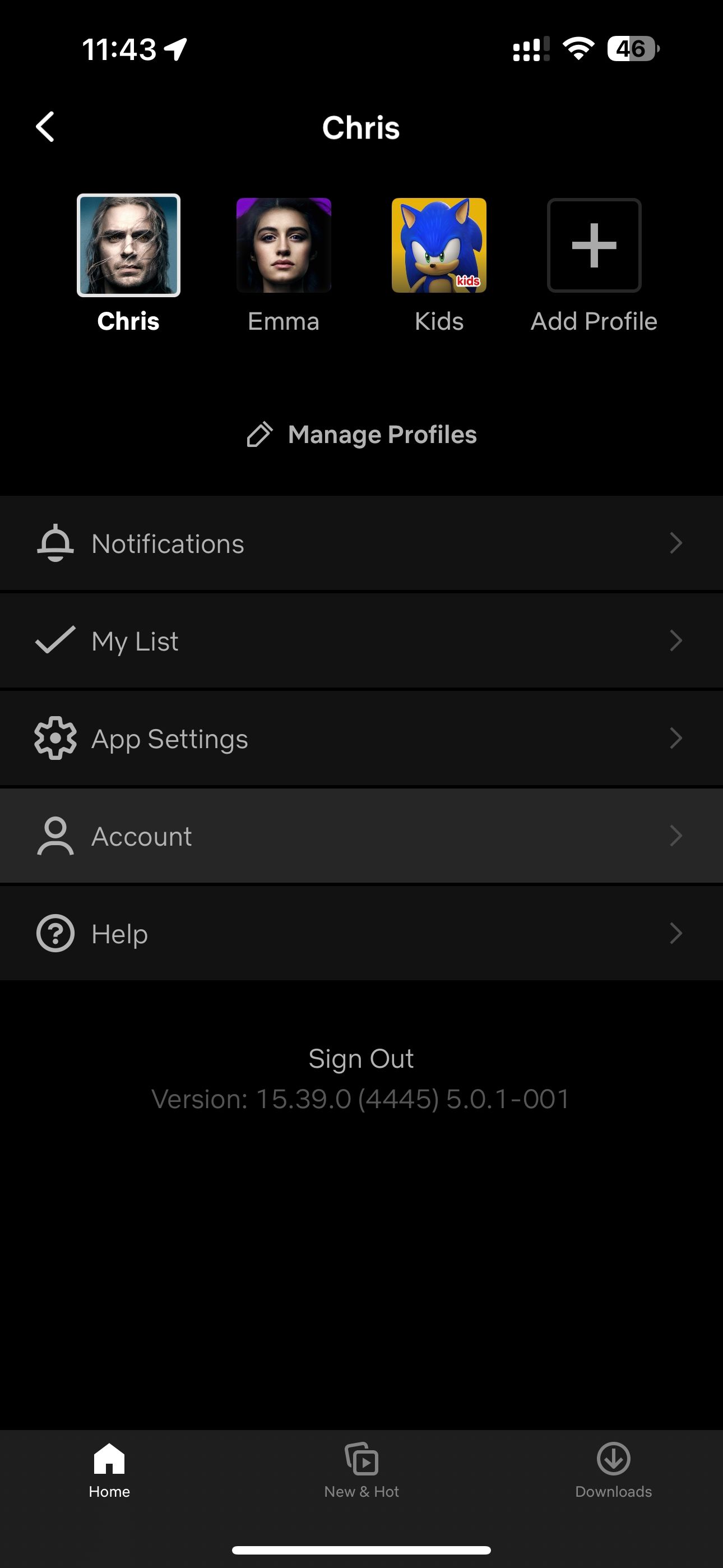 Меню аккаунта в приложении Netflix на iPhone
