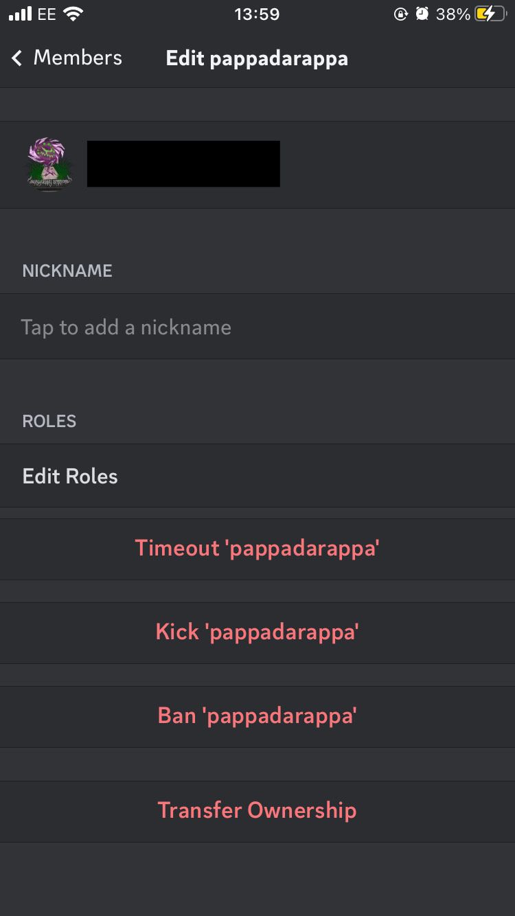 Настройки участника в мобильном приложении Discord для передачи прав